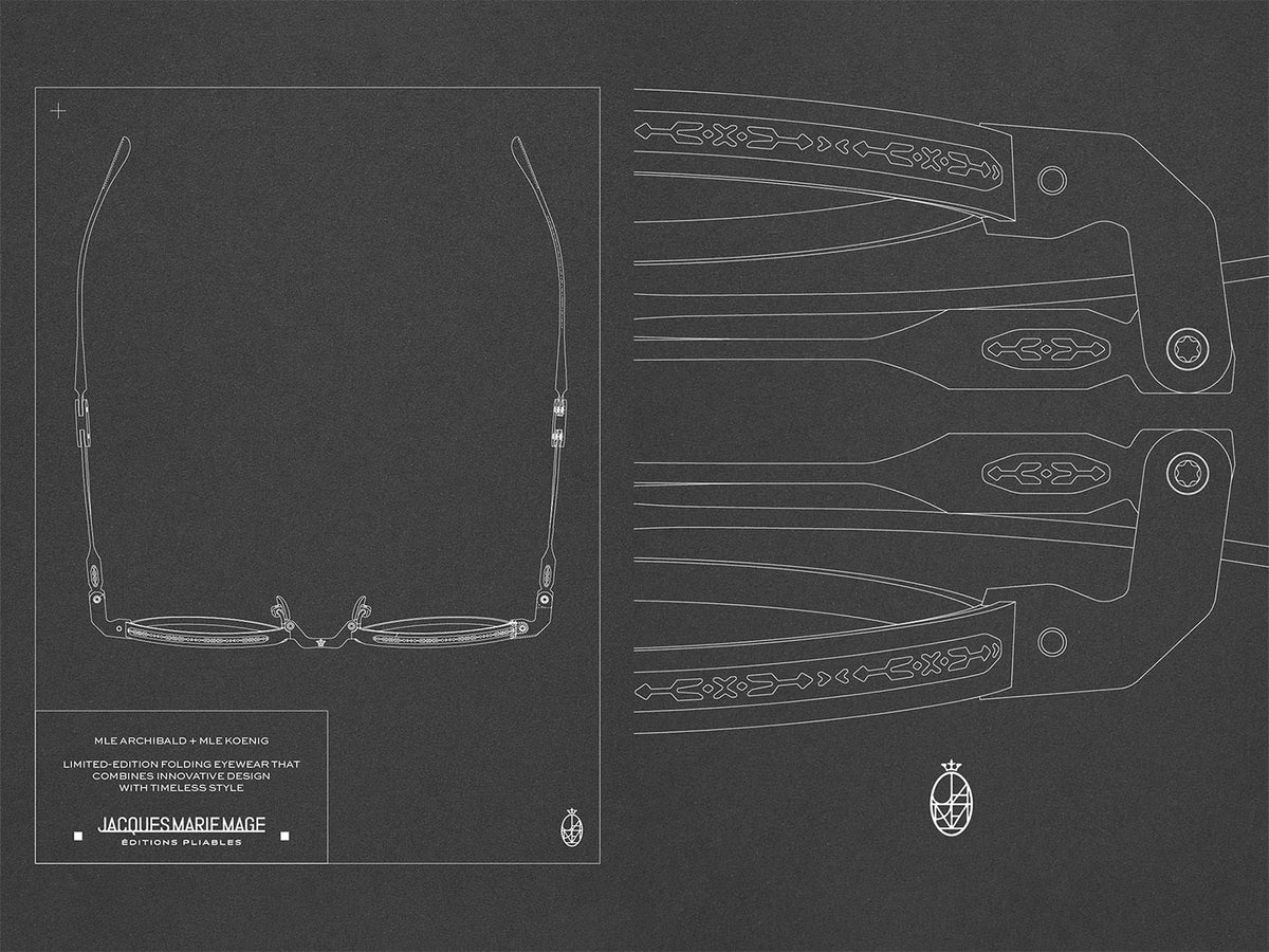 technical drawing of foldable glasses by Jacques Marie Mage